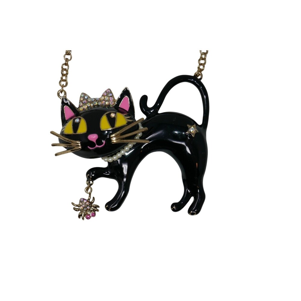 Betsey Johnson Black Cat Spider Princess Kitty Enamel Pendant Statement Necklace - Picture 4 of 11